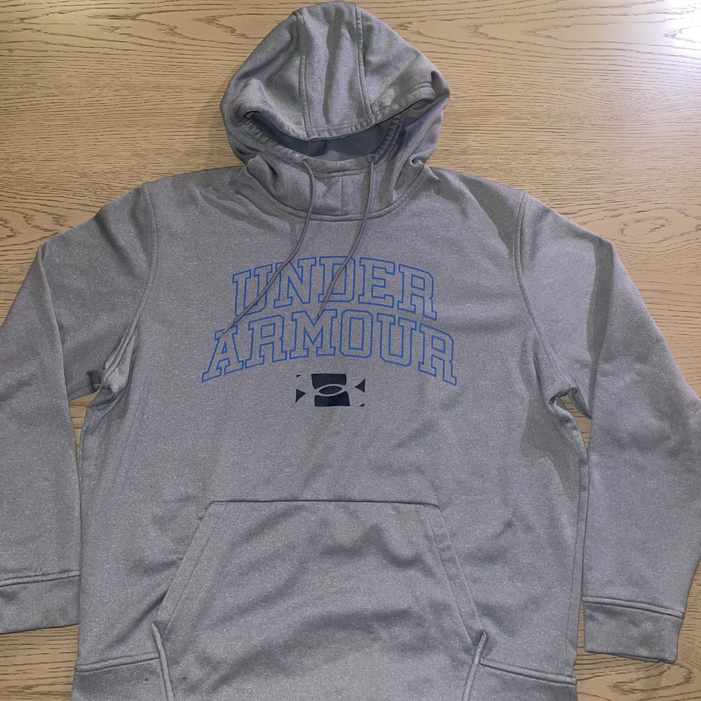 Under Armour Mens L Gray Fleece Pullover Hoodie Loose Fit Graphic Print Pockets
